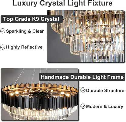 40" Black Chandelier, 21-Light Modern Crystal Chandelier, 7-Tier Round Chandeliers for Dining Room, Living Room, Bedroom, Foyer, Entryway, Kitchen, Restaurant, Luxury Tiered K9 Crystal Light Fixture