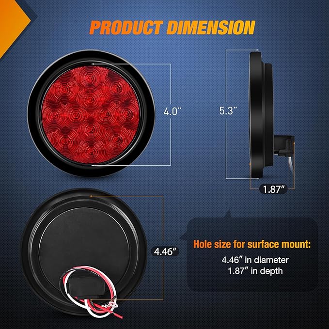 Nilight - TL-18 2PCS 4" Round Red LED Trailer Tail Lights w/Surface Mount Grommet Plugs IP67 Stop Brake Turn Tail Lights for Truck Trailer RV Jeep