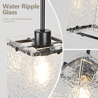 Water Ripple Glass Pendant Lights Black Pendant Lights Kitchen Island Adjustable Modern Hanging Pendant Light Fixtures for Sink Kitchen Dining Room Foyer Entryway, 2 Pack