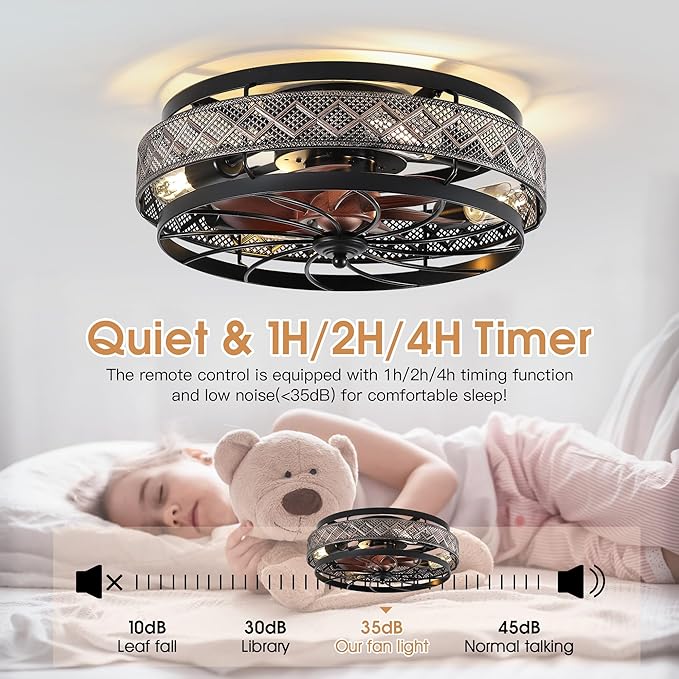SHIHOT 18" Low Profile Caged Ceiling Fans with Lights and Remote, Flush Mount Ceiling Fan with Light, Bedroom Fan, Small Industrial Black Ceiling Light Fixture, Reversible(Bulbs Not Included)