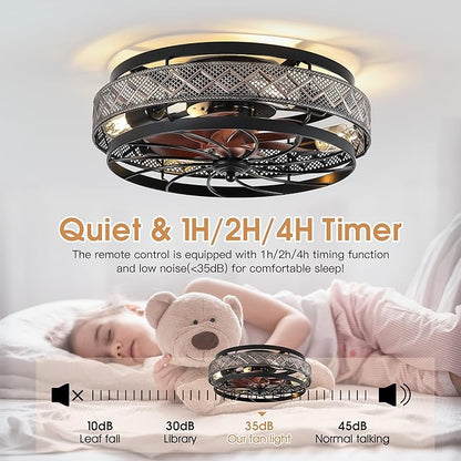 SHIHOT 18" Low Profile Caged Ceiling Fans with Lights and Remote, Flush Mount Ceiling Fan with Light, Bedroom Fan, Small Industrial Black Ceiling Light Fixture, Reversible(Bulbs Not Included)