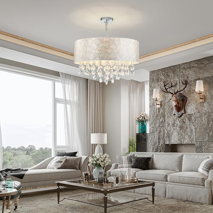 LumFurn X-Large 6-Light Drum Capiz Shell Crystal Chandeliers, Coastal Style Pendant Light Fixture for Dining Room, Living Room, D24 x H23~71 inch(Adjustable), Shell Lampshade & Chrome Finish
