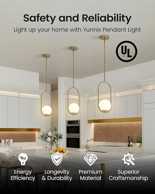 Yunnix Pendant Lights Kitchen Island, Pendant Light Fixtures, Modern Champagne Bronze Globe Glass Pendant Lighting, Mid Century Chandelier One Light for Bathroom Bedroom Dining Room