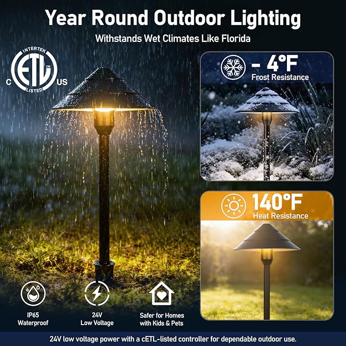 14-Light Low Voltage Landscape Lighting System, 12 Path Lights Kit+2 Spotlights, Aluminum, Plug-and-Play, IP65 Waterproof, Remote, Timer, 3000K Warm White, 140FT,72W 24V ETL Controller