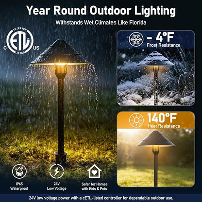 14-Light Low Voltage Landscape Lighting System, 12 Path Lights Kit+2 Spotlights, Aluminum, Plug-and-Play, IP65 Waterproof, Remote, Timer, 3000K Warm White, 140FT,72W 24V ETL Controller