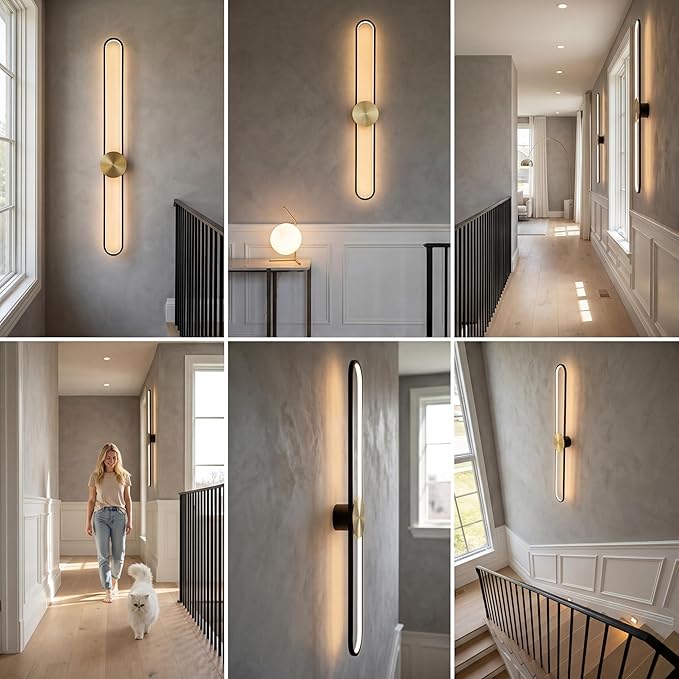 Modern Wall Sconce Dimmable 3000K/4000K/6000K LED Wall Light Fixture, Hardwired Wall Lamp for Living Room, Dining Room, Bedroom, Hallway, Lobby, Entryway (Brushed Black, 43.3inch/H110cm)