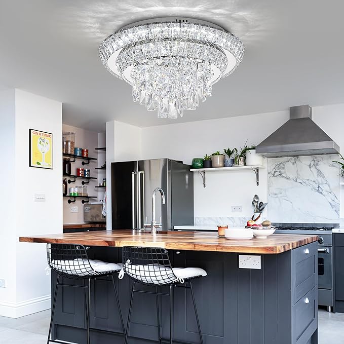 18 inch Crystal Silver Ceiling-Light Flush Mount With Remote Control and APP, 3CCT Dimmable & Brightness Adjustable, Modern Crystal Raindrop Chandeliers for Bedroom Hallway Dinning Room Living Room