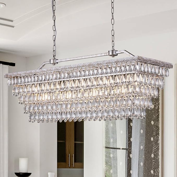 Wellmet Dining Room Crystal Rectangle Chandelier, 48 Inch Antique Silver, 9 Lights Farmhouse Chandelier for High Ceiling, Kitchen Island, Living Room, Entryway