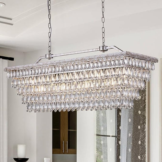 Wellmet Dining Room Crystal Rectangle Chandelier, 48 Inch Antique Silver, 9 Lights Farmhouse Chandelier for High Ceiling, Kitchen Island, Living Room, Entryway