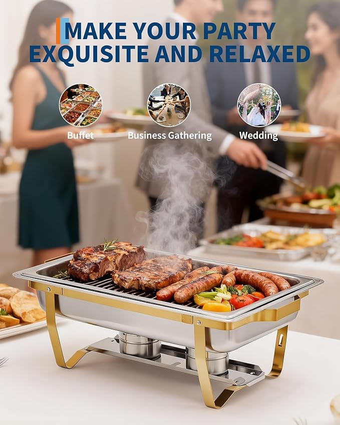 Garvee Chafing Dish Buffet Set 4 Pack, 8QT Buffet Servers and Warmers Set with Lid & Foldable Frame, Rectangular Stainless Steel Chafer Food Warmer for Parties Wedding Catering Supplies, Gold