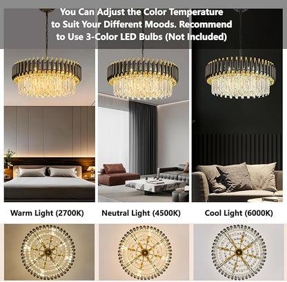 Black and Gold Crystal Chandelier Contemporary 24" with 5-Tier Modern Living Room Chandeliers K9 Crystal Ceiling Lights Fixtures for Dining Room Living Room Bedroom Foyer
