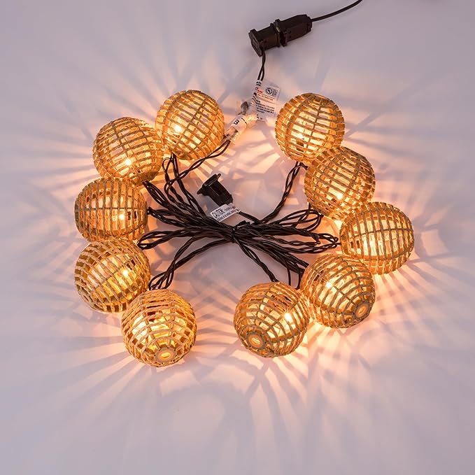 TWINKVILLA Decorative String Lights Plug in with 10 Incandescent Bulbs, Natural Rattan Globe Boho Lantern String Lights Connectable Weatherproof Outdoor Indoor for Bedroom Patio Pergola Decor