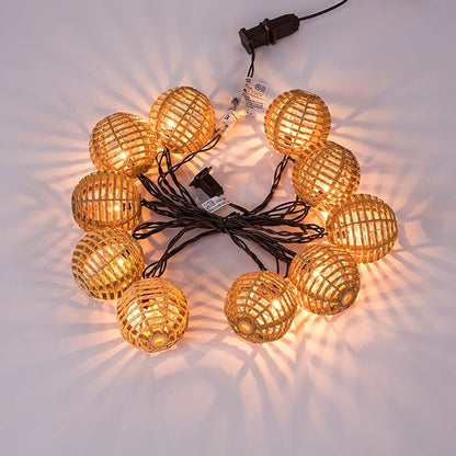 TWINKVILLA Decorative String Lights Plug in with 10 Incandescent Bulbs, Natural Rattan Globe Boho Lantern String Lights Connectable Weatherproof Outdoor Indoor for Bedroom Patio Pergola Decor