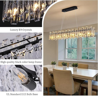 Modern Luxury Rectangular K9 Crystal Chandelier for Dining Room Living Room Kitchen Island Entryway Foyer L31.5 Easy Install Adjustable Hight 5-Light Ceiling Hanging Light Fixture Black