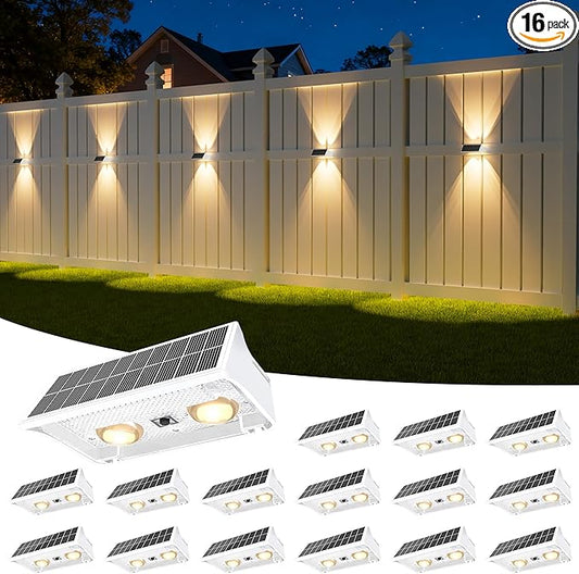 NIORSUN Solar Fence Lights Outdoor, 16 Pack Up and Down Waterproof Solar Wall Lights, Fence Lights with Lens, Warm & Cool White + RGB, Dusk to Dawn Lighting for Patio, Backyard, Pool, Railing (White)