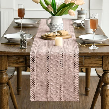 Artoid Mode Pink Farmhouse Woven Rustic Hollow Table Runner, Seasonal Holiday Hollow Kitchen Dining Table Decoration for Home Party Decor 12x120 Inch