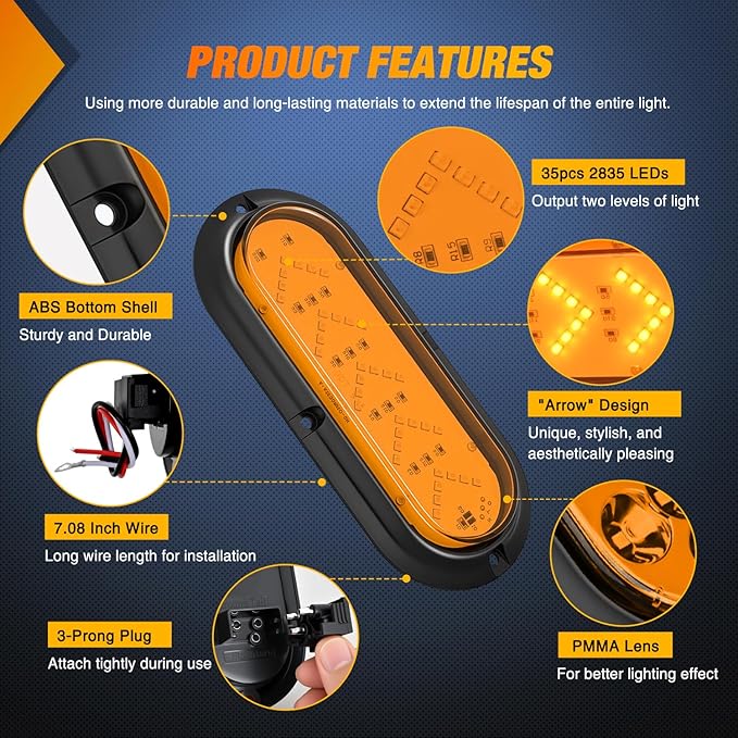 Nilight 6Inch Oval Tail Light 2PCS 35LED Arrow Amber Running Turn Signals Lights Surface Mount Waterproof for 12V Caravan Truck RV Camper Trailer Bus