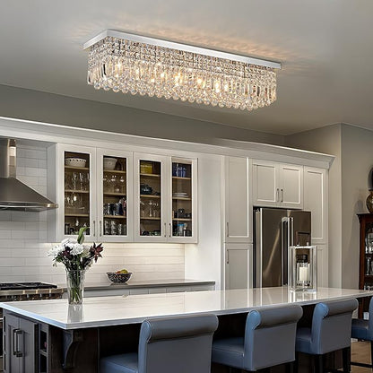Modern Crystal Chandeliers for Dining Room Light Fixture, 8-Light Rectangle Chandelier Ceiling Light for Kitchen Island Living Room, L39.4 Inch, Chrome Finish