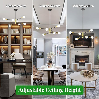Modern Sputnik Chandeliers for Dining Room, Height Adjustable Semi Flush Black and Gold Chandelier Ceiling Mount Light Fixture 6-Light Mid Century for Living Room, Kitchen Island, Bedroom