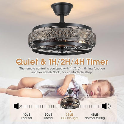 SHIHOT 18" Black Caged Ceiling Fan with Lights, Bladeless Industrial Ceiling Fan with Remote, 6 Speeds, Farmhouse Ceiling Fan Light Fixture for Kitchen, Bedroom(Bulbs Not Included)