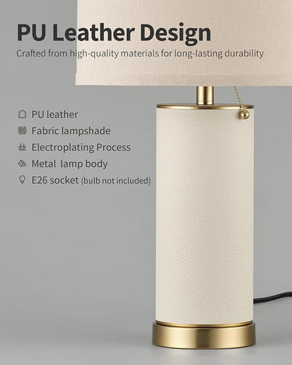 KDG 23.4" White PU Leather Table Lamps for Living Room Set of 2, E26 Socket LED Modern Home Decor Fabric Lampshade Desk Lamp Lighitng for Bedroom, Bedside, Farmhouse, Nightstand, Night Light