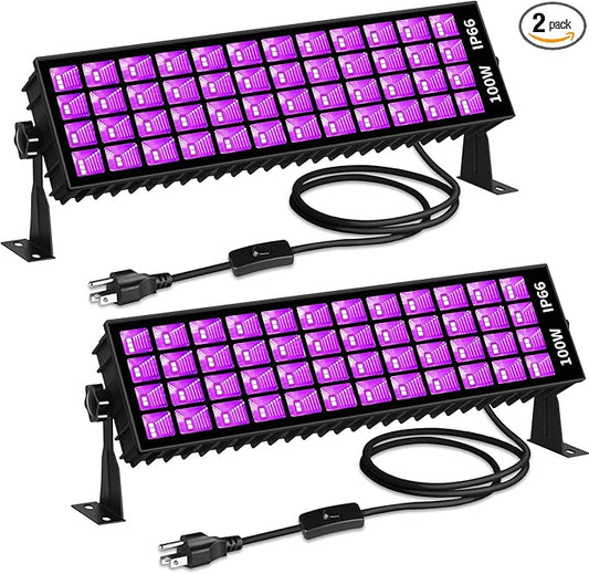 2 Pcs 100W LED Black Light Bar, IP66 Waterproof Blacklight with 6ft Cord Switch, Black Lights for Neon Glow Party Fluorescent Poster Body Paint Birthday Bedroom Classroom Halloween Christmas