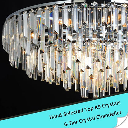 Modern Crystal Chandelier Chrome, 32" Round Luxury Top K9 Crystal Chandeliers 6-Tier 13 Lights Large Adjustable Height Ceiling Hanging Pendant Light Fixture for Living Room Bedroom Foyer