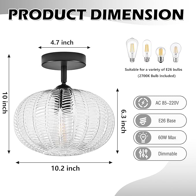 Bagood Black Semi Flush Mount Ceiling Lights Fixture Farmhouse Globe Glass Mid Century Light Fixtures Textured Glass Hallway Lights Fixtures Vintage Ceiling Light for Bathroom Entryway(Bulb Incl.)