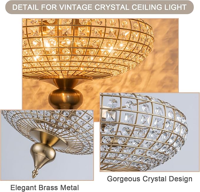 EDISLIVE 3-Light Vintage Crystal Ceiling Light Semi-Sphere Brass Chandelier with Handcut Beads,16" Antique Crystal Flush Mount Lighting E12 for Livingroom Bedroom Dining Room Foyer，Brass Copper Gold