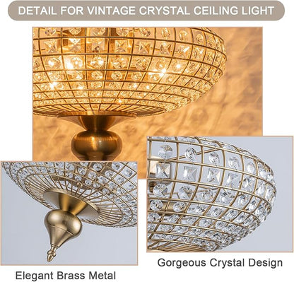 EDISLIVE 3-Light Vintage Crystal Ceiling Light Semi-Sphere Brass Chandelier with Handcut Beads,16" Antique Crystal Flush Mount Lighting E12 for Livingroom Bedroom Dining Room Foyer，Brass Copper Gold