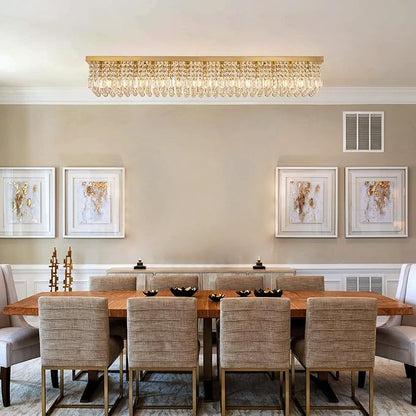 Large Modern Crystal Chandeliers for Dining Room Light Fixture, 13-Light Gold Rectangle Chandelier Ceiling Light for Kitchen Island Living Room, L59 Inch
