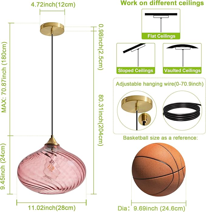 Glass Pendant Lights Kitchen Island, 11'' Brass Gold Pendant Lighting Fixtures, Modern Hanging Ceiling Light with Striped Purple Pink Glass Shade for Farmhouse Dining Room Bedroom Hallway(1 Pack)