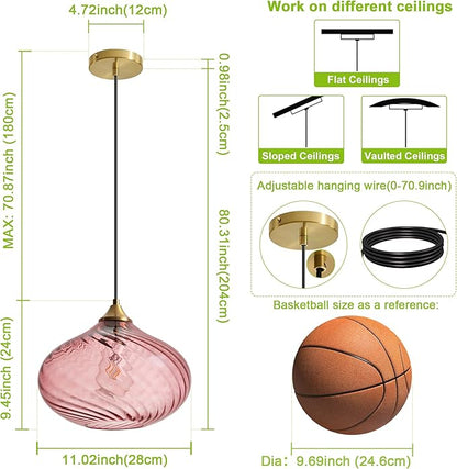 Glass Pendant Lights Kitchen Island, 11'' Brass Gold Pendant Lighting Fixtures, Modern Hanging Ceiling Light with Striped Purple Pink Glass Shade for Farmhouse Dining Room Bedroom Hallway(1 Pack)