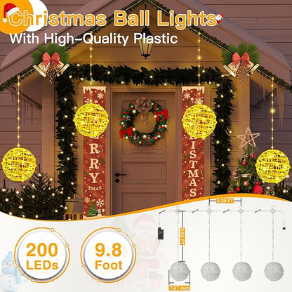 Ollny Christmas Lights Outdoor 4Pack 7.87inch, Warm White 200 LED Ball Light with Plug in Remote, 8 Modes IP67 Waterproof Connectable Sphere Tree Lights for Indoor House Yard Garage Decorations