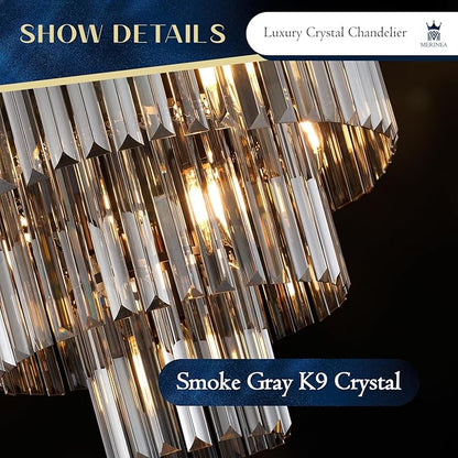 Smoke Gray Crystal Chandeliers Black Round 20" Chandelier Modern 3 Tiers 7-Light Ceiling Pendant Light Fixture Luxury K9 Crystal Lighting for Dining Room Bedroom Kitchen Foyer