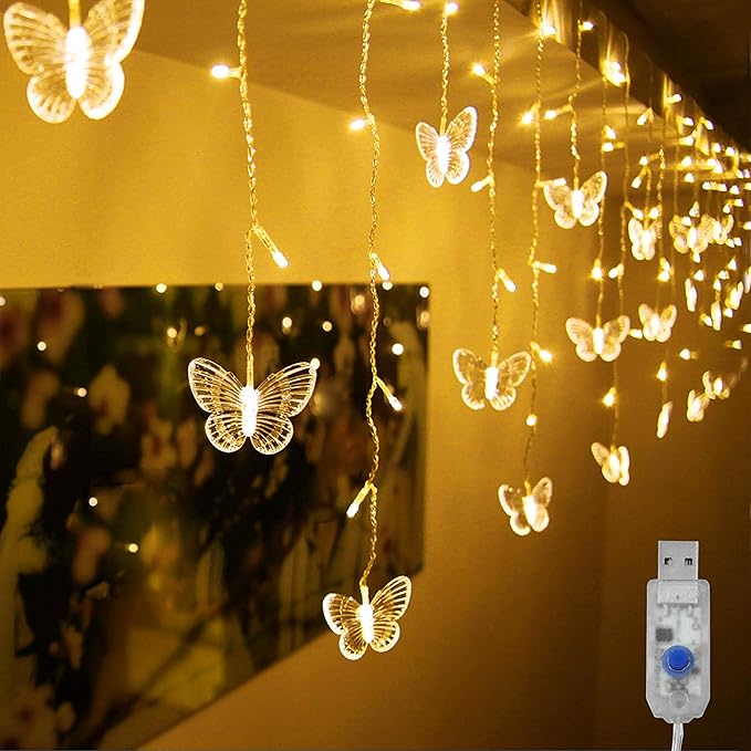 Butterfly Curtain Lights, 4.9ft 48 LED USB Window Fairy Lights 10 Butterflies 8 Modes Firefly Twinkle String Lights for Room Bedroom Wall Ceiling Party Wedding Christmas (Warm White)