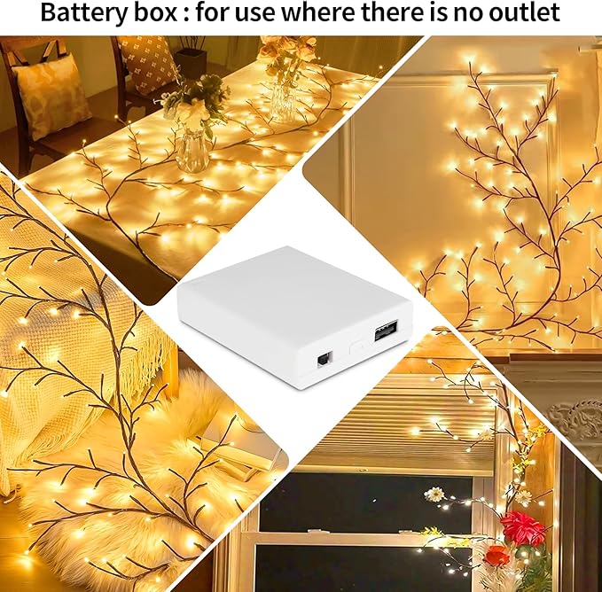 FNHMSL Enchanted Willow Vine Lights 7.55FT 144LED 2 PCS Brown Tree Branch Lights for Wall, Remote Timer,8 Light Model,Bedroom Wall Doors Wedding, Christmas, USB Battery Box