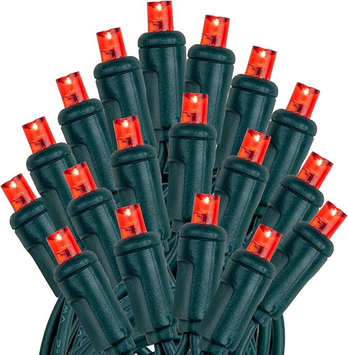 Novelty Lights 25ft 50 LED Red Christmas Lights Outdoor/Indoor, 6" Spacing, Green Wire String Lights for Festive Xmas Lighting, IP55, UL Listed, Dimmable, Connectable