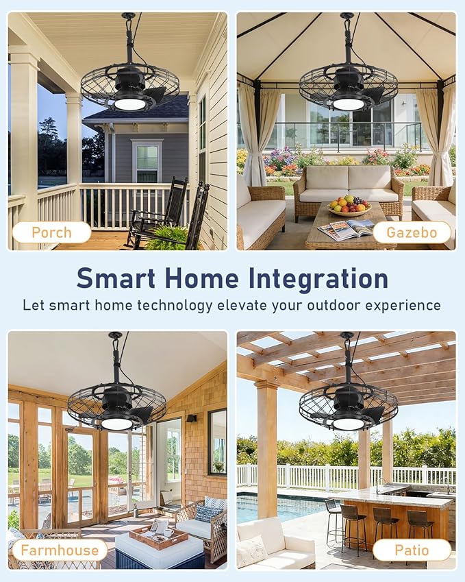 AHAWILL 20" Outdoor Ceiling Fan with Light,Waterproof Gazebo Fan with Hanging Hook,6-Speed Reversible Motor,Memory 3CCT,Plug-in Caged Ceiling Fan with Smart App Control for Patio Porch (Black)