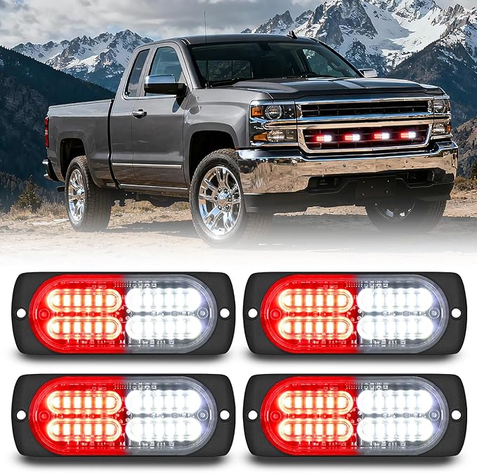 Nilight 4PCS 24LED Emergency Strobe lights 12V 24V Red White Surface Mount Grille Hazard Safety Warning Light Sync Feature Side Flashing Marker Flash for Car Truck Campers