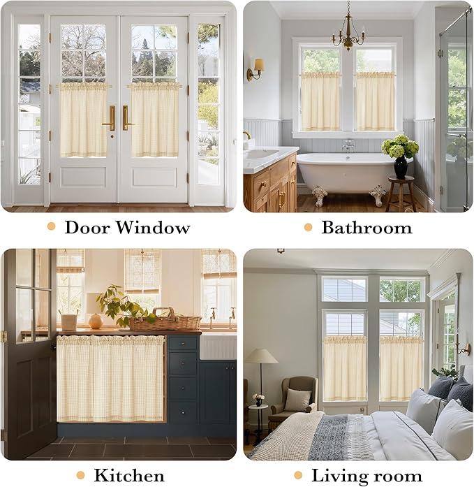 NICETOWN Linen Kitchen Short Curtains 36 Inch Length 2 Panels, Butter Yellow Plaid Rustic Farmhouse Decor Drapes, Light Filtering Tier Curtains with Rod Pocket for Bedroom Bathroom, 30×36