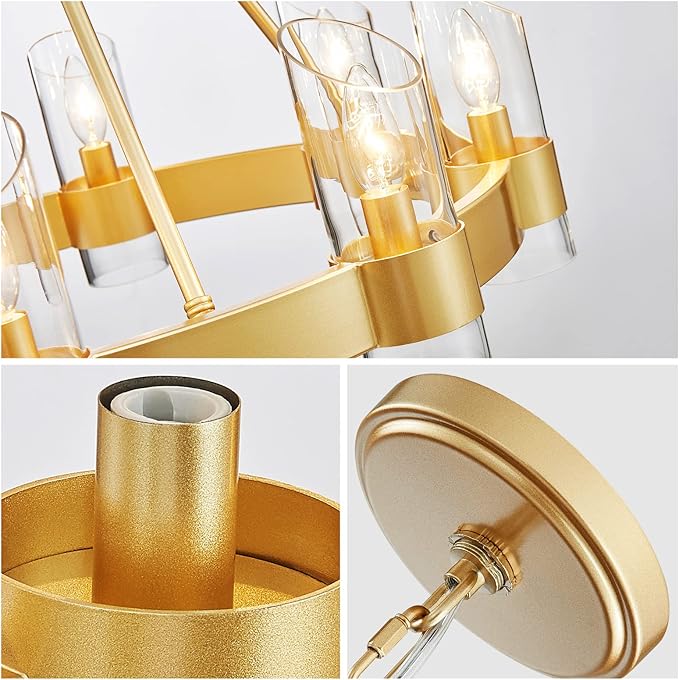 WUZUPS Wagon Wheel Chandelier 8-Light with Clear Glass Industrial Modern Farmhouse Round Light Fixture for Dining Room Kithen Island Foyer, Width 26" Height 22", Gold