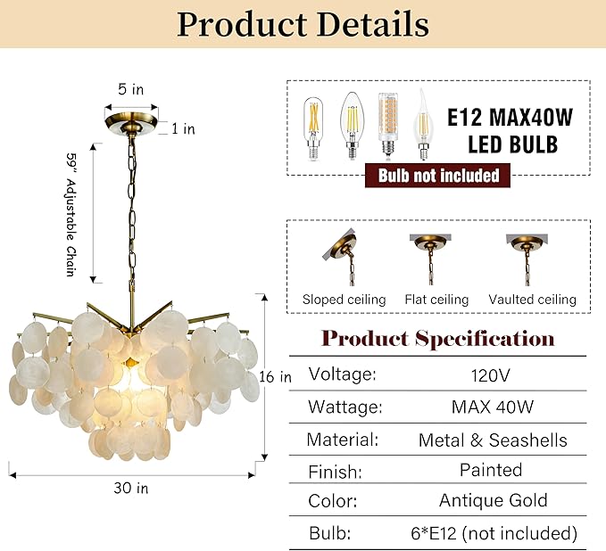 ALOADECOR 6-Light 30" Cone Shape 5-Tier Coastal Capiz Shells Chandelier with Antique Gold Metal Farmhouse Natural Seashell for Dining Room Living Room