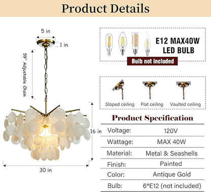 ALOADECOR 6-Light 30" Cone Shape 5-Tier Coastal Capiz Shells Chandelier with Antique Gold Metal Farmhouse Natural Seashell for Dining Room Living Room