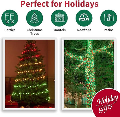 LAMPHOME Red Green Warm Christmas String Lights, 300 LED 99 FT Connectable Waterproof String Lights Green Wire with 16 Modes, Xmas Vintage Decorations for Indoor Outdoor Party Yard Garden Decor