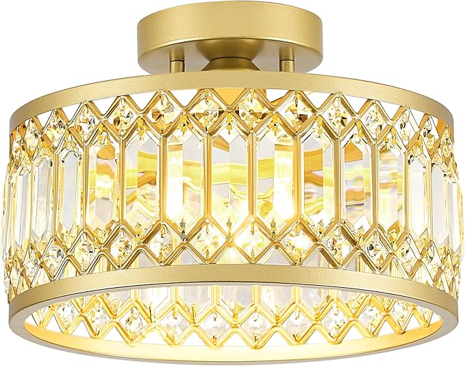 YURNYQ Crystal Ceiling Light Fixture, Modern Semi Flush Mount Ceiling Light, Gold Lighting Fixtures Ceiling Lamp for Hallway, Kitchen, Entryway, Bedroom, Laundry Room, 1-Light, 11.4 Inch