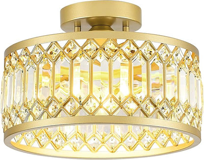 YURNYQ Crystal Ceiling Light Fixture, Modern Semi Flush Mount Ceiling Light, Gold Lighting Fixtures Ceiling Lamp for Hallway, Kitchen, Entryway, Bedroom, Laundry Room, 1-Light, 11.4 Inch