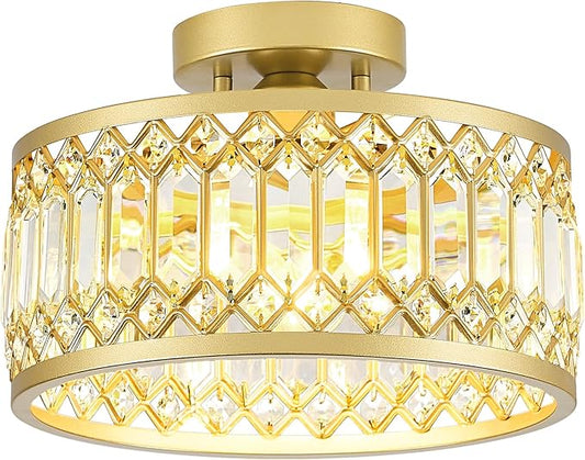 YURNYQ Crystal Ceiling Light Fixture, Modern Semi Flush Mount Ceiling Light, Gold Lighting Fixtures Ceiling Lamp for Hallway, Kitchen, Entryway, Bedroom, Laundry Room, 1-Light, 11.4 Inch