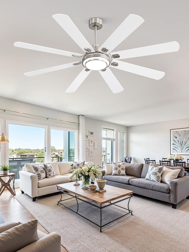 Fanbulous 65 Inch Ceiling Fans with Lights and Remote, Brushed Nickel Ceiling Fan with 8 Dual-Color Blades, Indoor/Outdoor Large Ceiling Fans, Reversible DC Motor, 6-Speed, 3CCT for Living Porch Patio