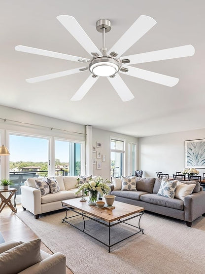 Fanbulous 65 Inch Ceiling Fans with Lights and Remote, Brushed Nickel Ceiling Fan with 8 Dual-Color Blades, Indoor/Outdoor Large Ceiling Fans, Reversible DC Motor, 6-Speed, 3CCT for Living Porch Patio